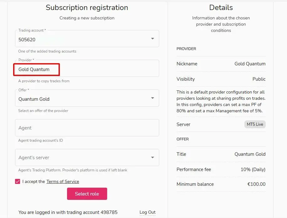 BlackBull Markets Copytrading setup - Step 2 Account Selection